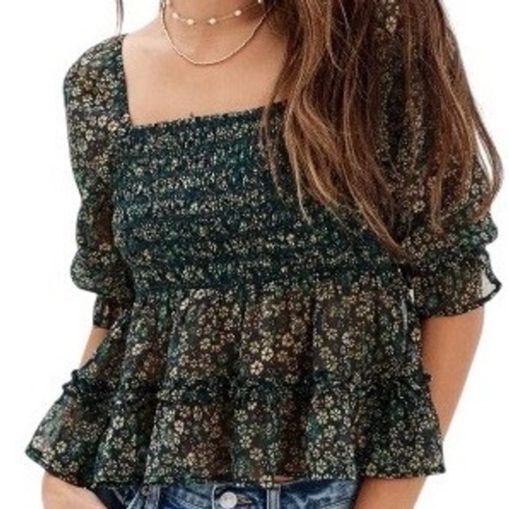 American Eagle Green Floral Smocked Cottagecore Babydoll Peplum Top Size XS